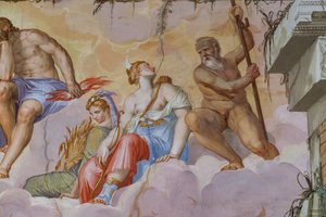 Ceres (høstgudinnen med en bunt ører) og Diana (jaktens gudinne med buen), detalj av Olympus-rommet, ca. 1557 (fresco)
