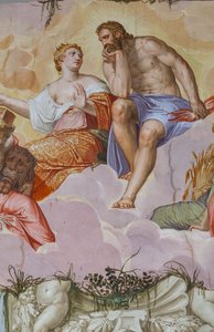 Juno og Jupiter liggende på skyer, over arkitektoniske ruiner, detalj av Olympus-rommet, ca. 1557 (fresco)