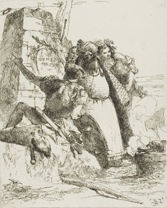 En tryllekunstner, en soldat og tre figurer som ser på en brennende hodeskalle, fra Scherzi