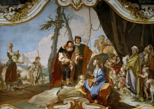 Rachel skjuler terafene for sin far Laban, ca 1728.