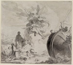 Hodet av Saint Torpe reddet av engler og restaurert til erkebiskop Frederigo (grå vask over svart kritt på papir) av Giambettino Cignaroli
