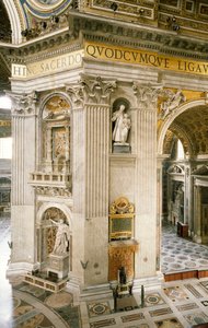 Dekorasjoner av Gian Lorenzo Bernini (1598-1680) på første søyle til høyre, en av fire søyler som støtter kuppelen til Peterskirken, Roma, Vatikanstaten av Gian Lorenzo Bernini
