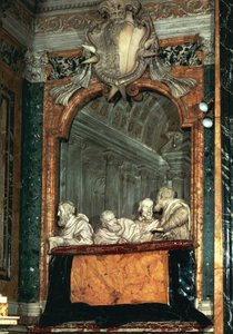 Sideboks med Cornaro-familien, marmorskulptur fra skolen til Gian Lorenzo Bernini (1598-1680), Cornaro-kapellet, Santa Maria della Vittoria-kirken, Roma, Italia av Gian Lorenzo Bernini
