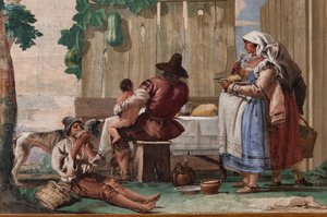 Bondefamilie ved bordet, fra rommet med rustikke scener, i Foresteria (gjestehus) 1757 (fresco)