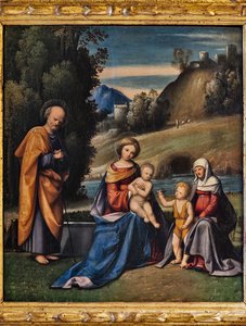 Hellig familie med helgener, spedbarnet St. John og St. Elizabeth i et landskap (olje på lerret)
