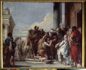 Return of the prodigal son (Return of the prodigal son). Maleri av Giandomenico Tiepolo (1727-1804). Olje på lerret, 49 x 59 cm
