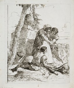 Magiker som peker ut et brennende hode til to ungdommer, ca. 1740-årene av Giovanni Domenico Tiepolo