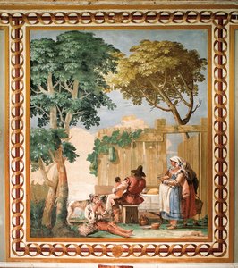 Bondefamilie ved bordet, fra rommet med rustikke scener, i Foresteria (gjestehuset) 1757 av Giovanni Domenico Tiepolo