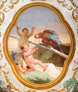 Putti med en papegøye, fra Putti-rommet i Foresteria (gjestehuset) 1757 av Giovanni Domenico Tiepolo