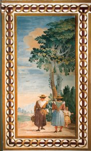 Tre bønder sett bakfra, fra rommet med rustikke scener, i Foresteria, 1757 av Giovanni Domenico Tiepolo