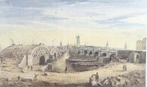Bygging av den nye London Bridge ved siden av den gamle London Bridge
