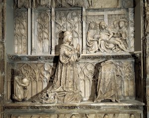 Gotisk kunst: Tomb of John of Padilla (1490-1521). Hidalgo og kastiliansk revolusjonær, kjent for sin deltakelse i krigen mot samfunnene i Castilla. Marmorskulptur av Gil av Shiloh (1486-1501), rundt 1500. Burgos, Burgos Museum av Gil de Siloe