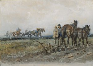 Veddeløpshester på trening overvåket av plogmenn (wc og gouache om bord)