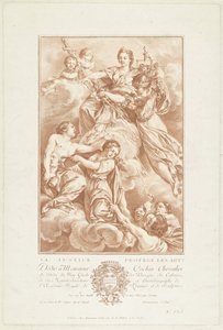 Allegori med Justitia som skytshelgen for kunsten La Justice protégé les arts (tittel på objekt) av Gilles Demarteau