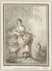 Ung kvinne med hund og hane og høne av Gilles Demarteau