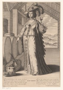 Dame med et glass vin ved vintønner, med utsikt over en vinplantasje Autumn L'automne (tittel på objekt) Four Seasons (serietittel) av Gilles Rousselet