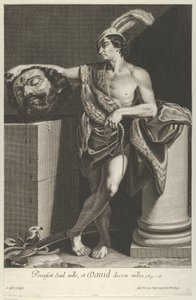 David står med korslagte ben og holder hodet til Goliat på en sokkel ved l..., ca. 1635-45.