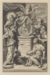 Bibelske figurer avslører portrettet av Moses Tittelside for Wilhelmus Goeree, Forberedelser til bibelsk visdom og bruk av hellige og kirkelige historier, 1690 av Gilliam van der Gouwen