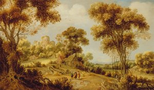 Et omfattende skogslandskap med Kristus på veien til Emmaus, ca. 1609-29