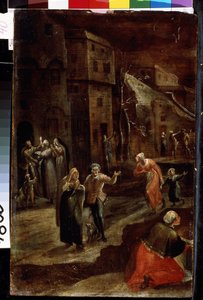 ""Gatescene om natten"" (Nattscene i en by) Innbyggere i en by i Holland ser ut til å flykte fra en trussel, løper og søker tilflukt i husene, inntrykk av frykt og angst. Maleri av Gillis Mostaert (1534-1598) Lviv, Museum of B av Gillis Mostaert