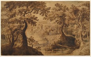 Trelandskap med utsikt av Gillis van III (circle of) Coninxloo