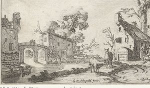 Gård og tårn ved en elv (Het Heor) Landskap med de fem sansene (serietittel) av Gillis van Scheyndel (I)