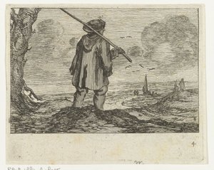 Sanddynelandskap med en mann, med en stav på skulderen Verscheyden Strender og vannlandskap utført av Jan Percelles (serietittel) av Gillis van Scheyndel (I)