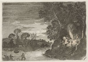Figurer rundt et bål Syv landskap (serietittel) av Gillis van Scheyndel (I)