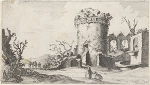 Fontene nær en ruin med et rundt tårn Tolv landskap (serietittel)