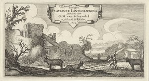 Titteltrykk av tolv landskap med figurer Eenighe Playsante Lantschapkens (tittel på objekt) Tolv landskap med figurer (serietittel) av Gillis van Scheyndel (I)