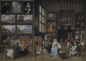 Et bildegalleri med en kunstner som maler en kvinne og en jente. Allegori over malerkunsten