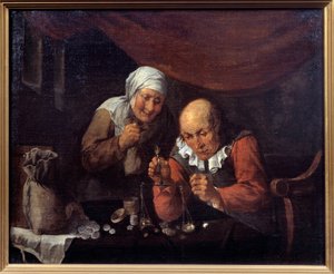 Det grådige paret gamle menn som veier eiendelene sine. Maleri av Gillis Van Tilborgh (eller Tilborch