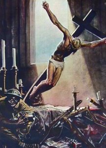 Anti-amerikansk WWII-plakat - Black American Pillaging Church - Plakat av Gino Boccasile (1901-1952) - Italian Propaganda Anti USA 1943 - Plakat av Gino Boccasile (1901-1952)