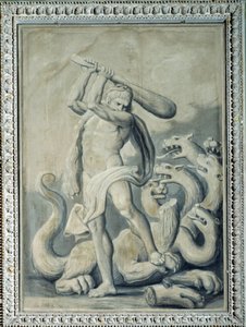 Hercules kutter av de syv hodene til Hydra (maleri av Gio Batta Celle