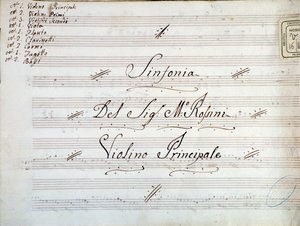 Detalj av første side av fiolinmusikalsk partitur for en symfoni av Gioacchino Rossini av Gioachino Rossini