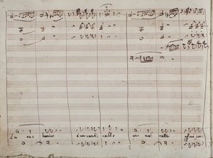 Musikalsk partitur for La calunnia e un venticello aria, i Barberen i Sevilla (blekk på papir)