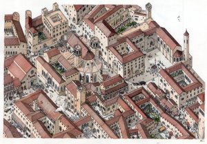 Middelalderen: rekonstruksjon av det historiske Barri Gotic-distriktet (barrio gotico) i Barcelona på 1300-tallet. Cathedrale Sainte-Eulalie (Saint Eulalie) er synlig. Spania Illustrasjon av Giorgio Albertini. (Bruken av denne forfatterens verk er ikke und av Giorgio Albertini