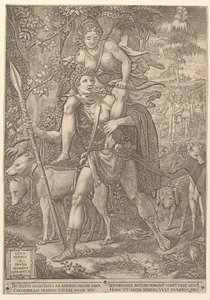 Allegory of the Hunt, en jeger som holder et stort spyd som bærer en kvinne Diana på shou..., 1556. av Giorgio Ghisi