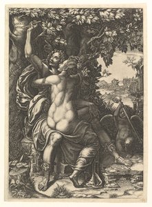 Angelica og Medoro, paret som omfavner, Medoro rister ut navnene sine i barken til en..., ca. 1570. av Giorgio Ghisi