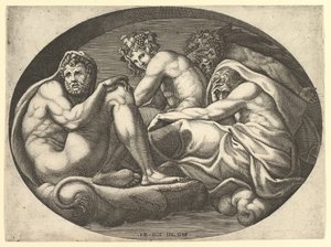 Hercules, Bacchus, Pan og Saturn, fra en serie på åtte komposisjoner etter Francesco P..., 1560-tallet. av Giorgio Ghisi