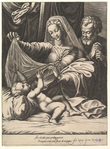 Madonna av Loreto, Jomfruen løfter et slør over barnet, som ligger på en seng og pute..., 1575. av Giorgio Ghisi