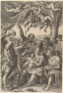 Hvil på flukten til Egypt, den hellige familie under et palmetre omgitt av engler, satt..., 1578. av Giorgio Ghisi
