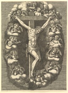 Den korsfestede Kristus omgitt av sørgende engler, 1575-1679. av Giorgio Ghisi