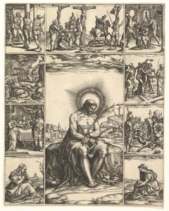 The Man of Sorrows, et bilde av Kristus omgitt av ni vignetter som viser scener av..., innen 1575. av Giorgio Ghisi