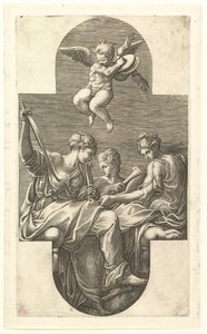 Three Muses and a Putto with Cymbals, en korsformet komposisjon, fra en serie på åtte kom..., 1560-tallet. av Giorgio Ghisi