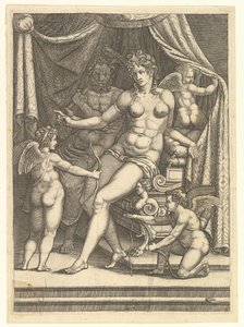 Venus og Vulcan sitter på en seng og tre putti, midten av 1550-tallet. av Giorgio Ghisi