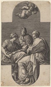Tre muser og en gestusende putto av Giorgio Ghisi after Francesco Primaticcio