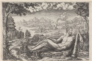 Hercules hviler fra sitt arbeid av Giorgio Ghisi after Giulio Romano