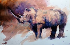 Et levende neshorn i akvarell av Giorgio Gosti