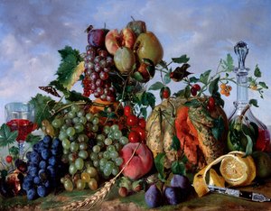 Stilleben av august måneds frukt, fersken, melon, druer, damaskusplommer, pærer (augustfrukter, fersken, melon, pærer, druer og damsons) Maleri av Giorgio Rovea (ca. 1815-1892) 1862 Dim 53x67 cm Gener , Galleria d